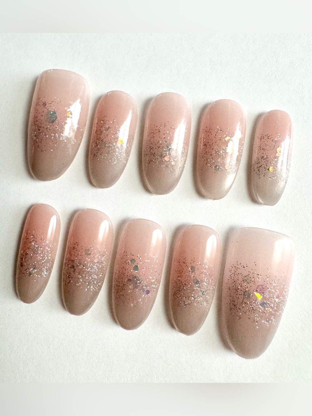 Nude Pink Ombre Press-On Nails with Holographic Glitter
